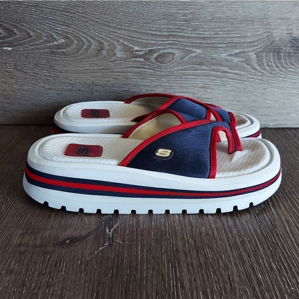 Vintage 90s Skechers Sporty Blue Red Slip On Toe Ring Chunky Platform Sandal 6